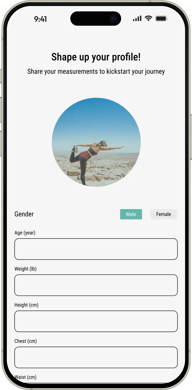 Fitness by Faith by Laken: Profile setup for tracking gender, age, weight and measurements