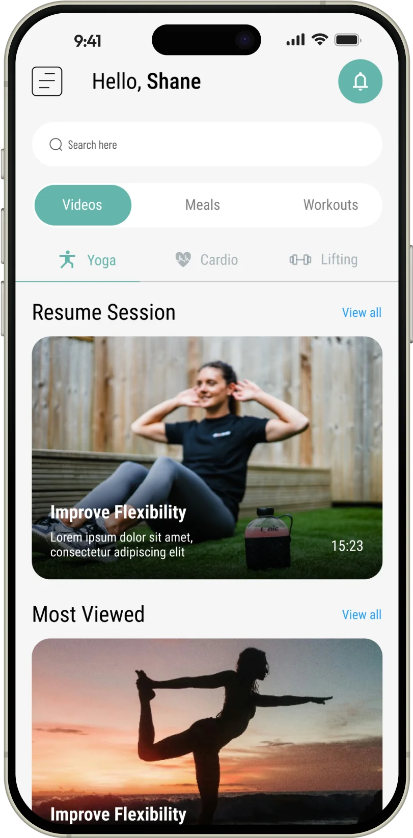 Fitness by Faith by Laken: Shane's workout dashboard with yoga, cardio, and lifting options