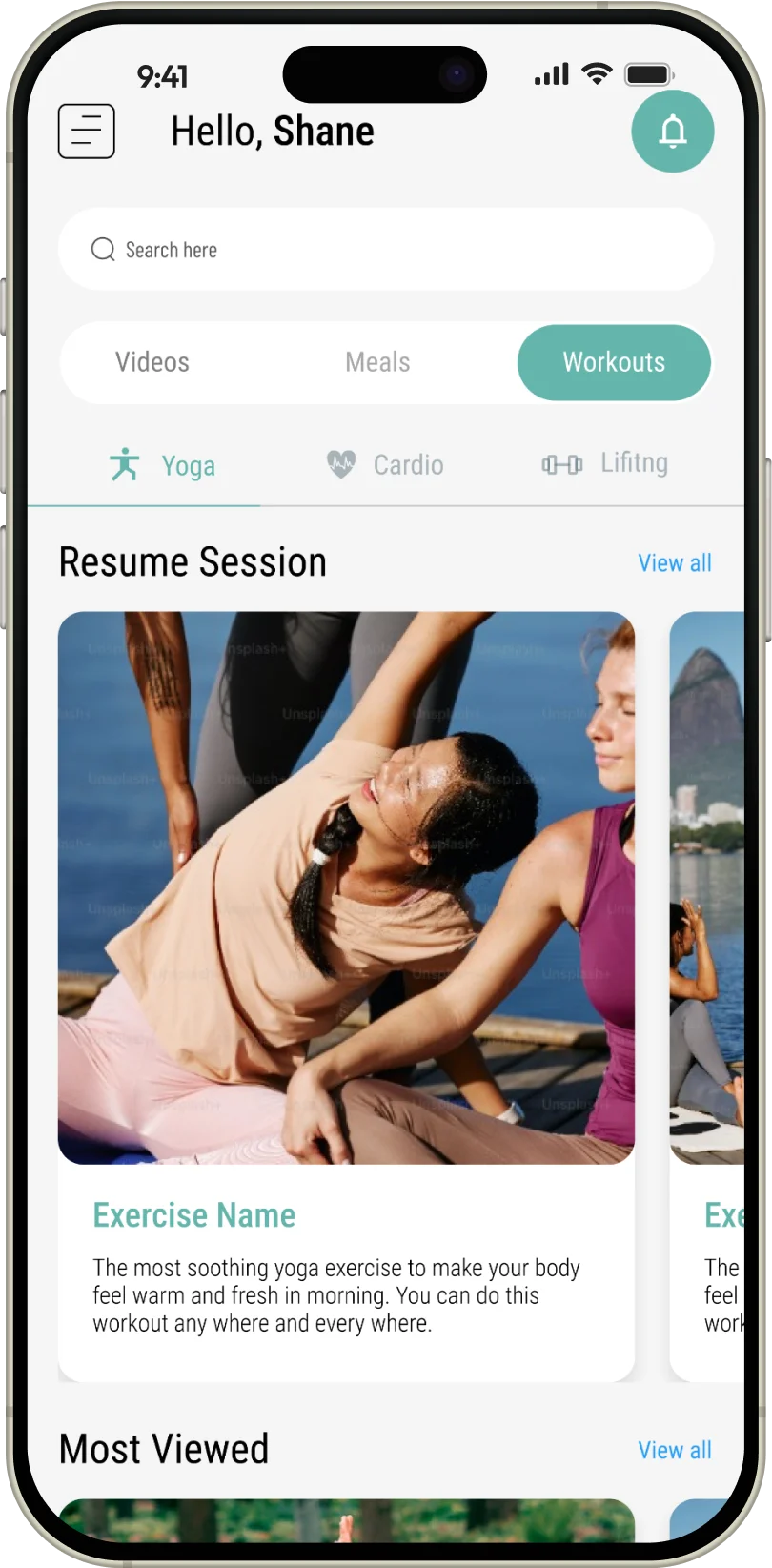 Fitness by Faith by Laken: Yoga workout dashboard with exercise options and sessions