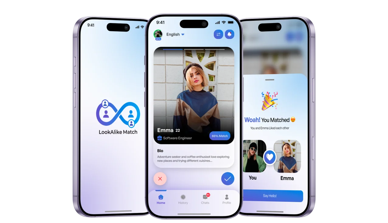 LookAlike Match mobile app screens