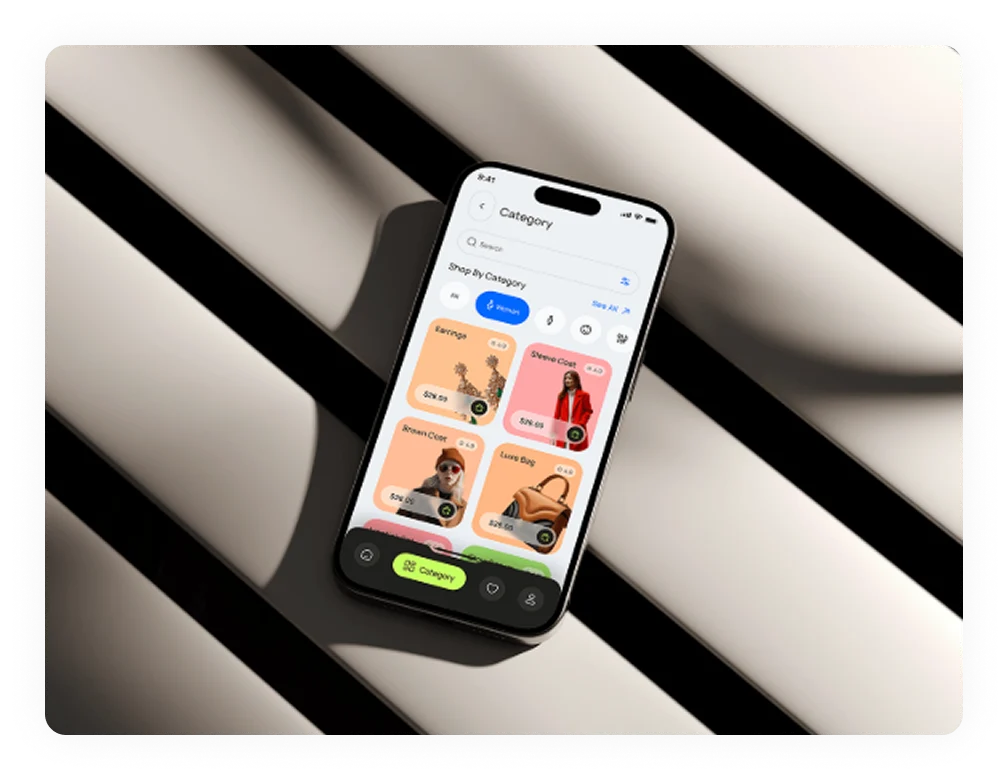 E-commerce mobile application development interface showing product browsing and secure checkout features.