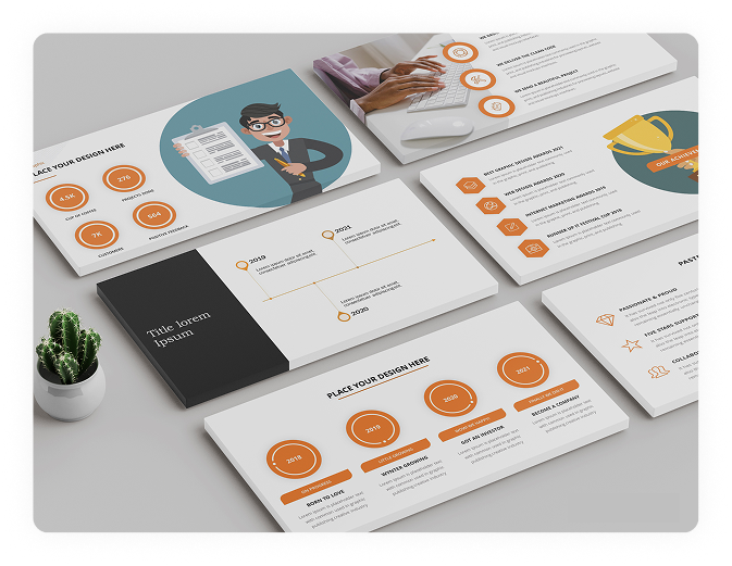 Pitch deck mockup displaying business presentation slides and investor collateral materials